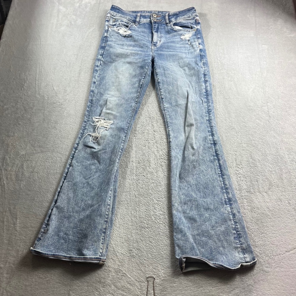 American Eagle Hi-Rise Artist Flare Jeans Light Wash Distressed Blue Size 6 Reg
